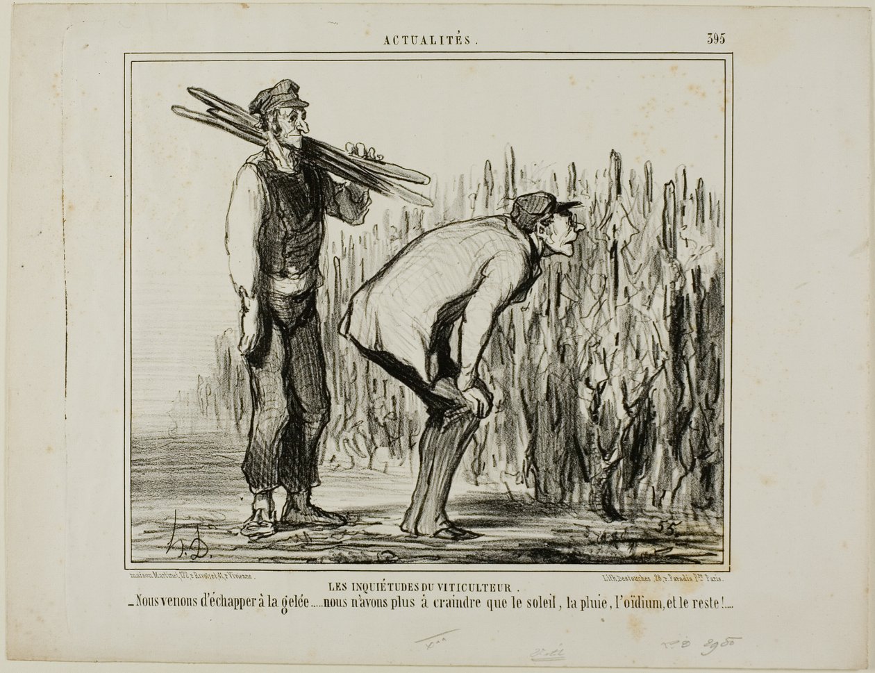 Las preocupaciones de un viticultor. "- Nos hemos librado de las heladas..... ahora sólo tenemos que preocuparnos del sol, la lluvia, el mildiu y todo lo demás...", lámina 397 de Actualités de Honoré Victorin Daumier