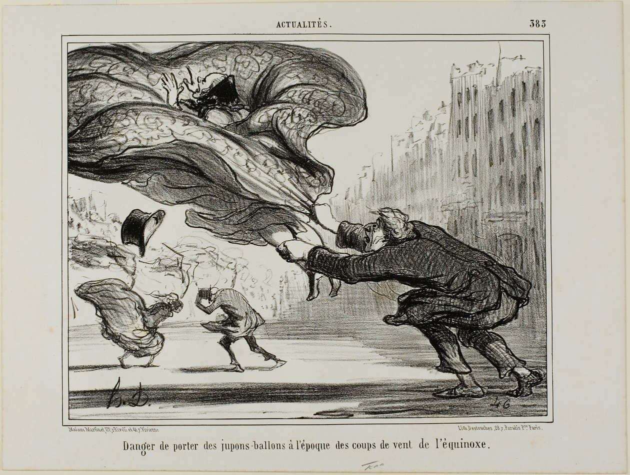El peligro de llevar faldas con aros durante una repentina tormenta de primavera, lámina 26 de La Crinolomanie de Honoré Victorin Daumier