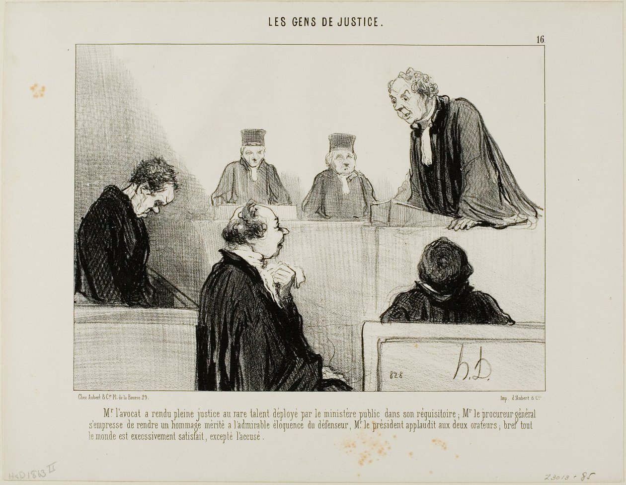 La defensa elogia el talento de la acusación, mientras que el fiscal general admira la elocuencia de la defensa. El juez aplaude a ambos y todo el mundo queda satisfecho, excepto el acusado, lámina 16 de Les Gens De Justice de Honoré Victorin Daumier