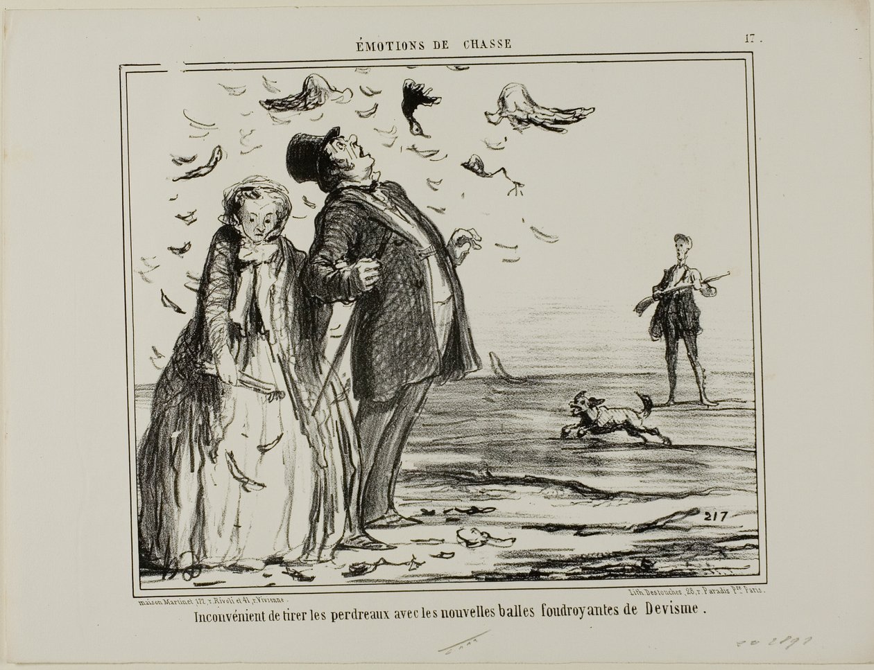 El inconveniente de disparar a perdices jóvenes con las nuevas balas explosivas de Devisme, lámina 17 de Émotions De Chasse de Honoré Victorin Daumier