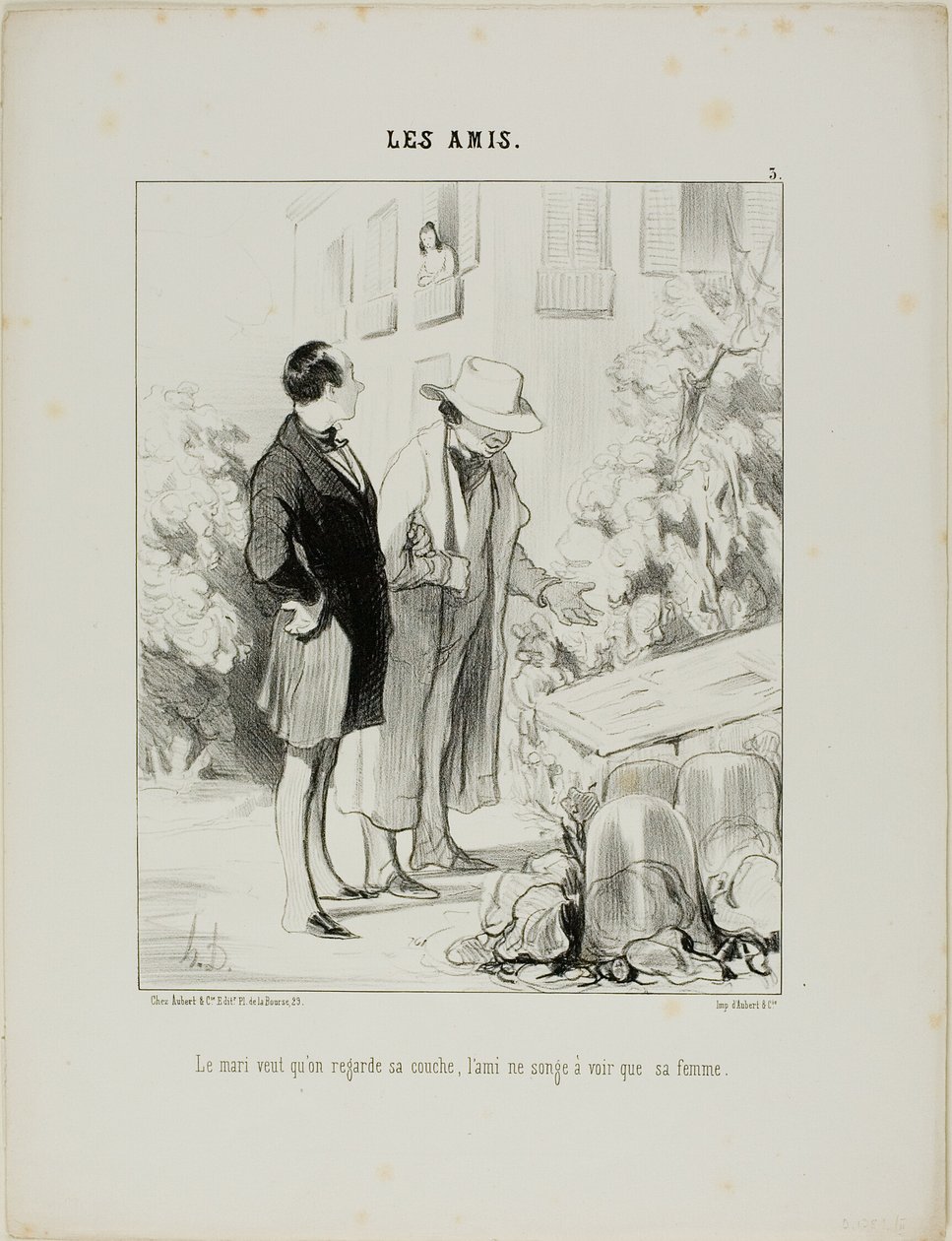 El marido quiere que mire su cama caliente, el amigo sólo sueña con ver a su mujer, lámina 3 de Les Amisa de Honoré Victorin Daumier