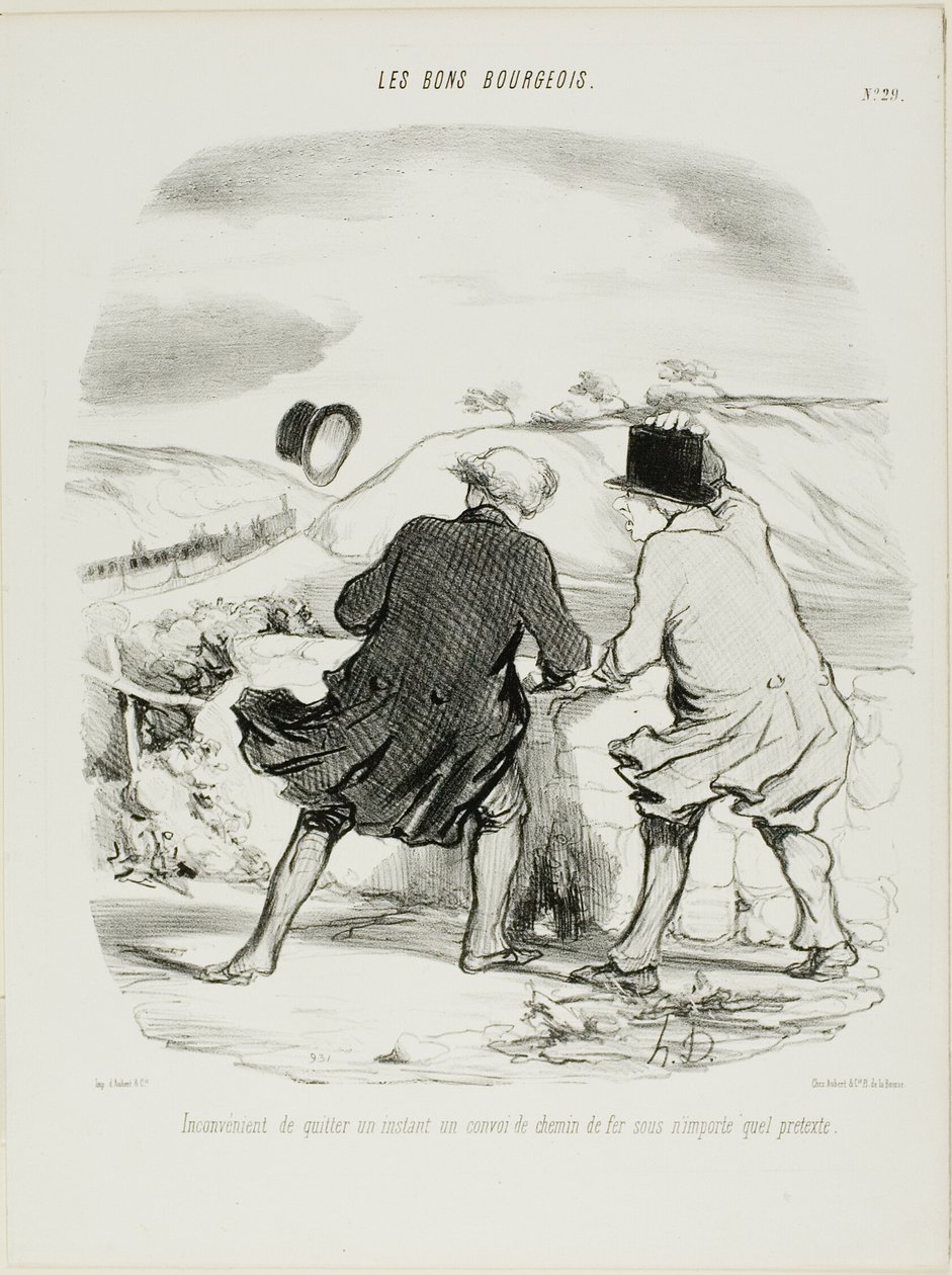 La inconveniencia de abandonar el tren aunque sólo sea por un momento y con cualquier pretexto, lámina 29 de Les Bons Bourgeois de Honoré Victorin Daumier