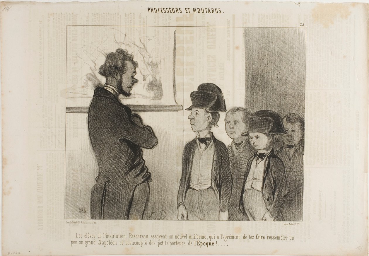Los alumnos del Instituto Pascareau prueban su nuevo uniforme escolar que les hace parecerse un poco al gran Napoleón y mucho a los pequeños repartidores de periódicos, lámina 25 de Professeurs Et Moutards de Honoré Victorin Daumier