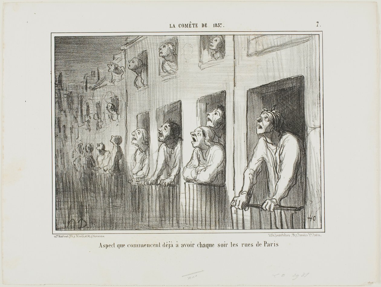Las calles de París empiezan a tener este aspecto cada noche, lámina 7 de La Cométe De 1857 de Honoré Victorin Daumier