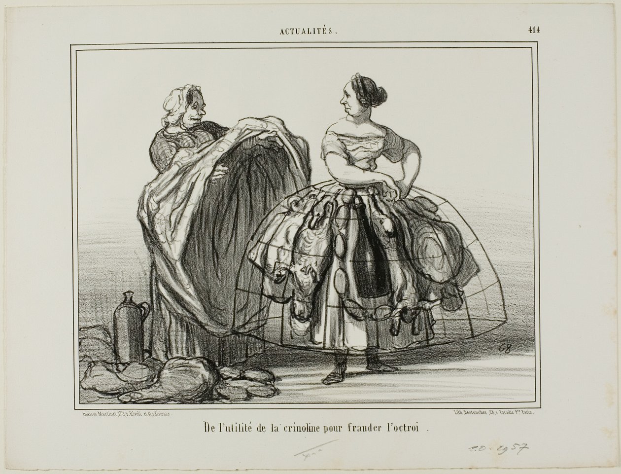 La utilidad del miriñaque para engañar a la aduana, lámina 414 de Actualités de Honoré Victorin Daumier