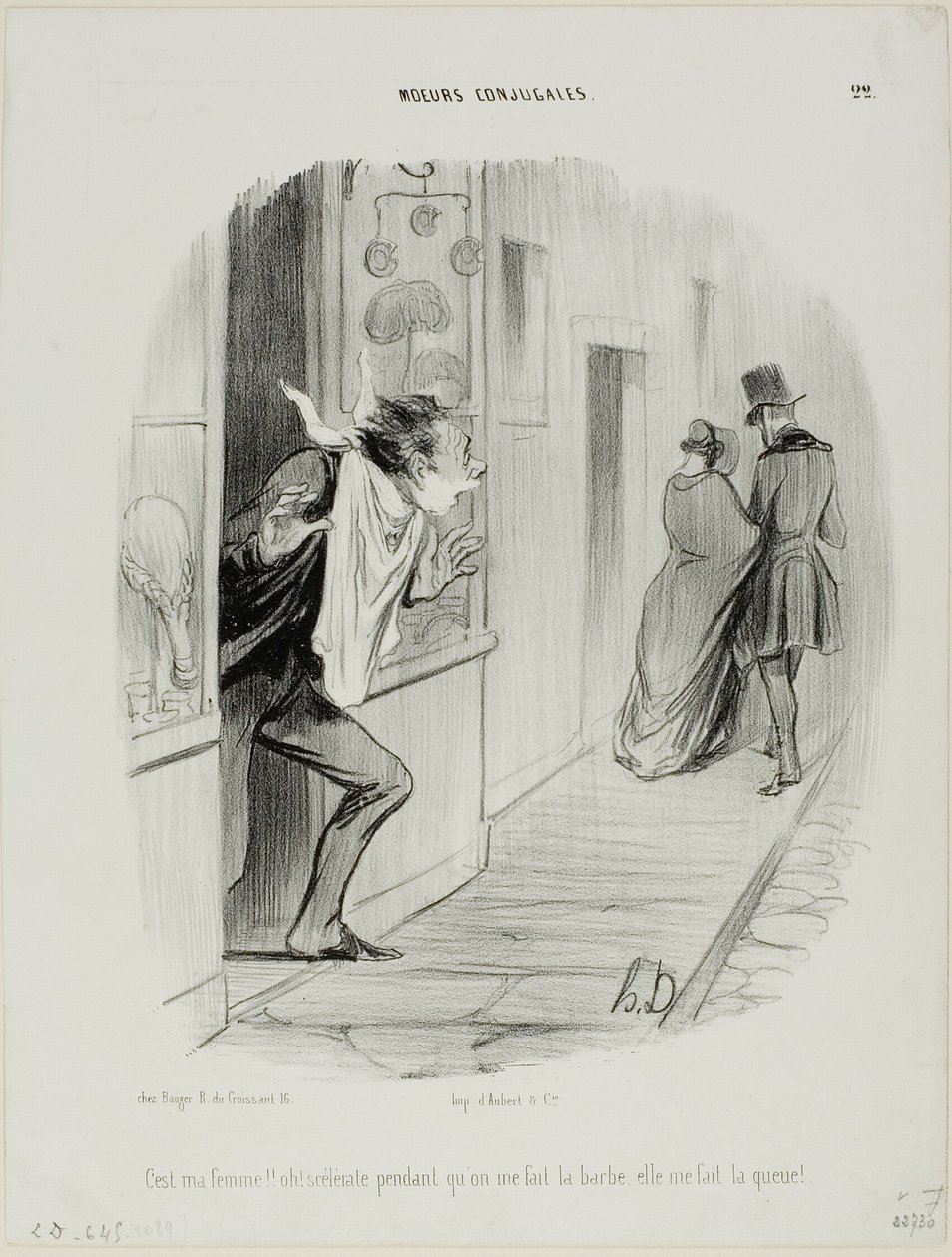 "¡Ahí va mi mujer! ¡Oh, la desgraciada, mientras me afeito me está haciendo un cornudo!," lámina 22 de Moeurs Conjugales de Honoré Victorin Daumier
