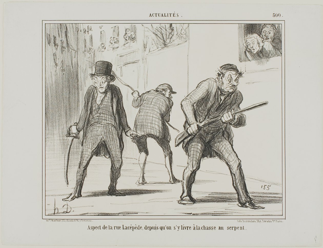 Vista de la calle Lacépède durante la caza de una serpiente, lámina 500 de Actualités de Honoré Victorin Daumier