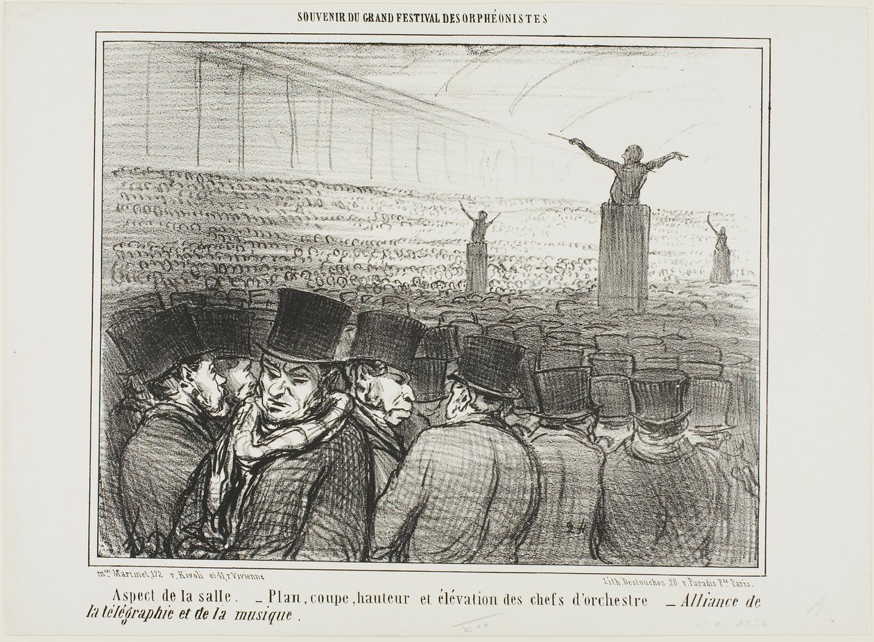 Vista del gran vestíbulo. Plano, altura y vista de frente del director de orquesta. Gran alianza entre el telégrafo y la música, lámina 1 de Souvenir Du Grand Festival Des Orphéonistes de Honoré Victorin Daumier