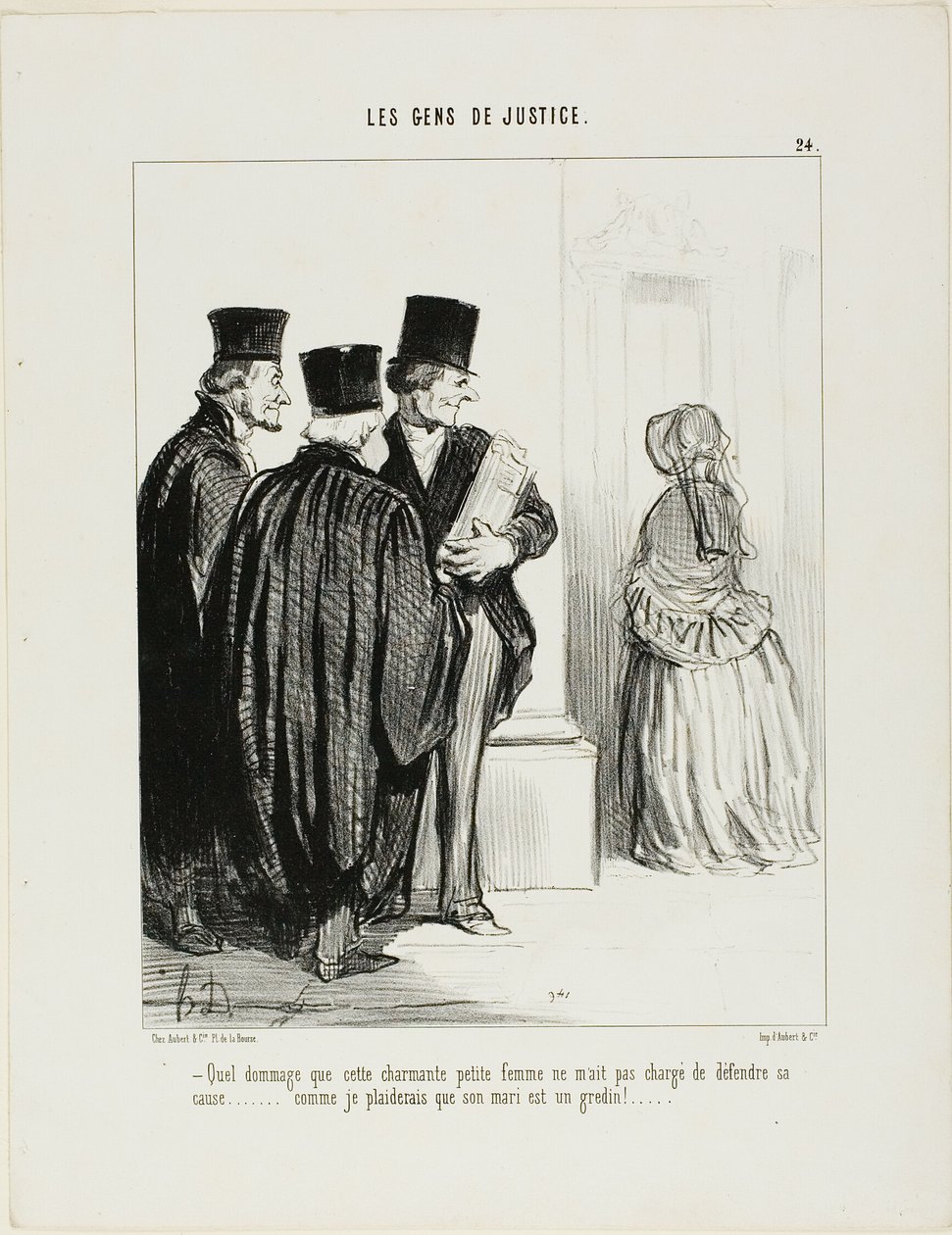 "Qué pena que esta encantadora señorita no me pidiera que presentara su caso [ante el tribunal]... Me encantaría alegar que su marido es un granuja...", lámina 24 de Les Gens De Justice. de Honoré Victorin Daumier