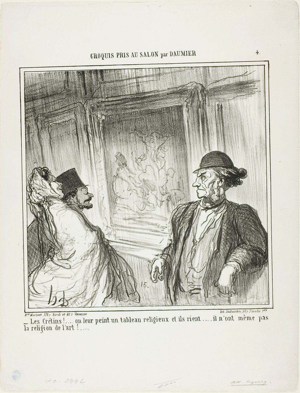 "¡Qué idiotas! Les pintas un cuadro religioso y se ríen.... ¡ni siquiera tienen devoción por el arte!...," lámina 4 de Croquis Pris Au Salon par Daumier de Honoré Victorin Daumier