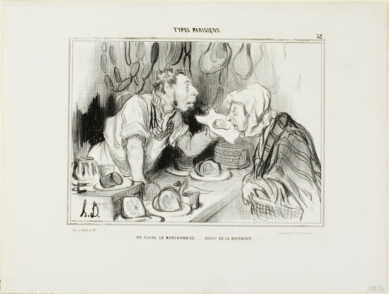 "Olfatea la mercancía... antes de comprarla", lámina 32 de Types Parisiens de Honoré Victorin Daumier