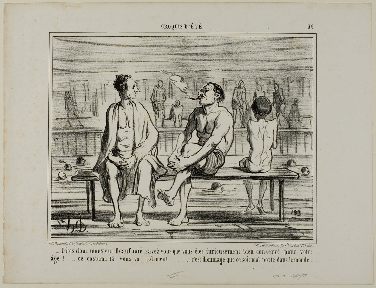 "Sabe, Monsieur Beaufumé, la verdad es que se ha conservado condenadamente bien teniendo en cuenta su edad. Este traje le sienta perfectamente.... lástima que no le quede bien a todo el mundo," plato 36 de Croquis D