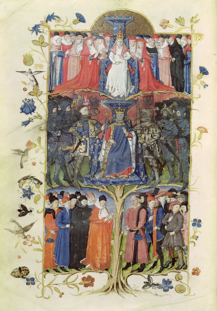 Ms 2695 f.6v El Árbol de las Batallas: Rey Carlos VII (1403-61) entre el Delfín, futuro Luis XI (1423-83) a su derecha y a su izquierda, Arturo, Conde de Richmond, Condestable de Francia (1425-58) y D de Honore Bonnet
