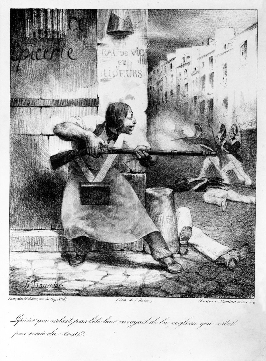 Tendero rebelde dispara a los gendarmes durante la Revolución de Julio de Honoré Daumier