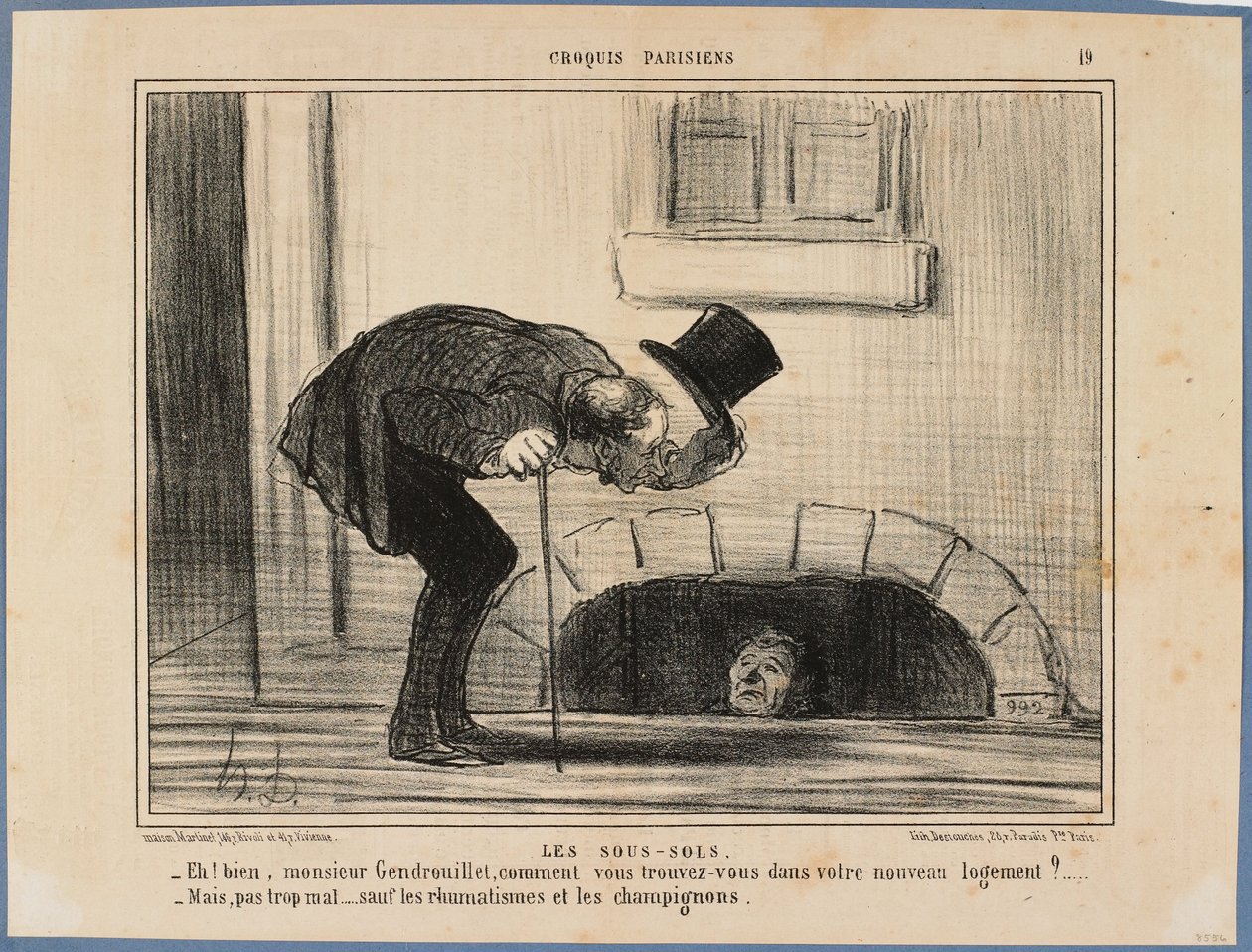 «Y bien, señor Gendrouillet, ¿cómo se encuentra en su nuevo alojamiento?» - «No demasiado mal, salvo por el reumatismo y las setas» de Honoré Daumier