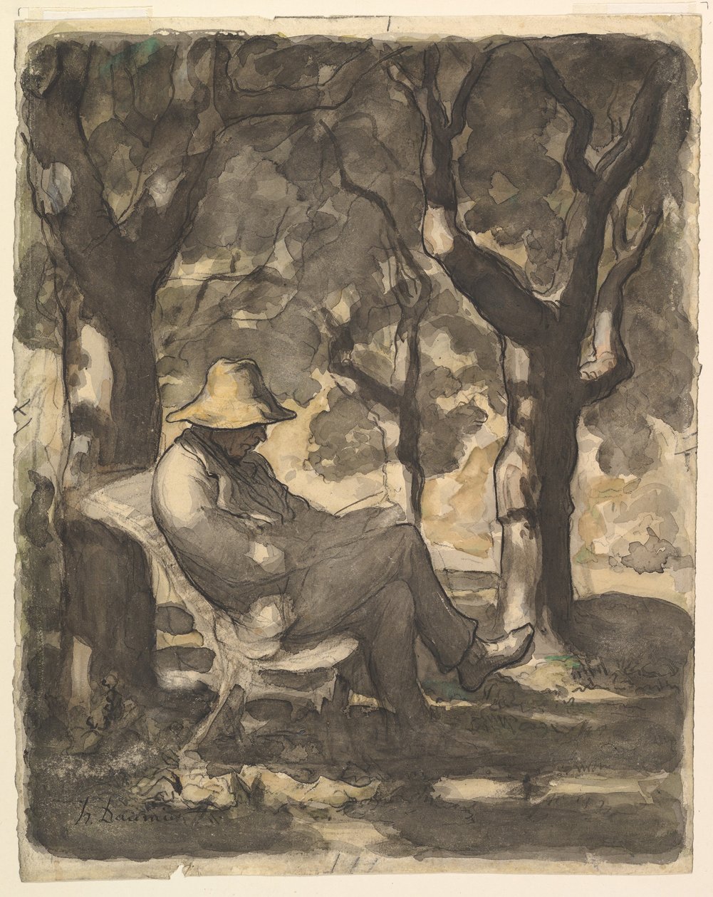 Un hombre leyendo en un jardín (anverso); Boceto preliminar para «Un hombre leyendo en un jardín» (reverso) de Honoré Daumier