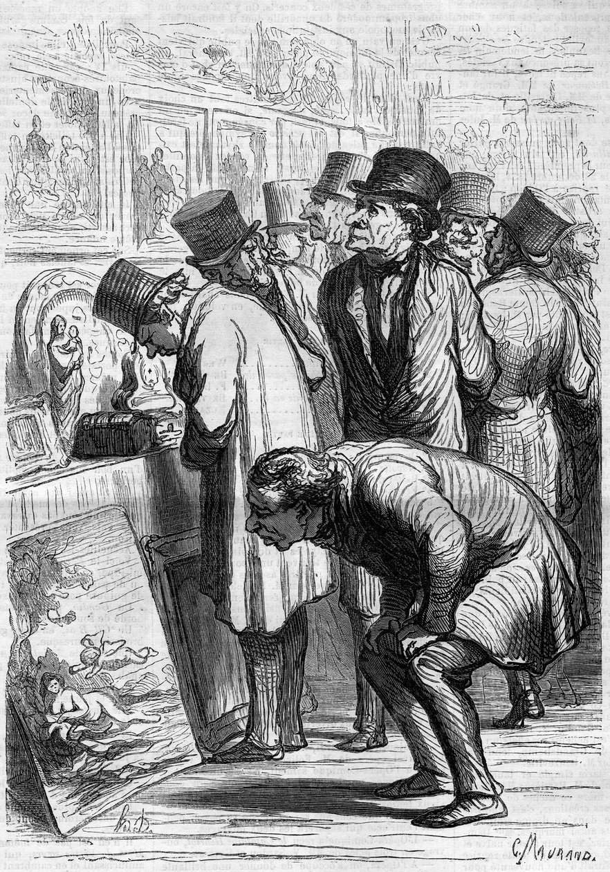 Una sala del Hotel Drouot, un día de exposición. Caricatura de Honore Daumier. Grabado en Le Monde Illustré n°265 del 10 de mayo de 1862 de Honoré Daumier