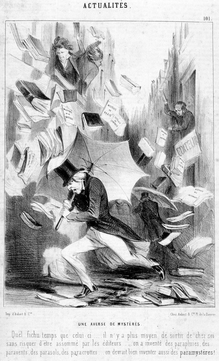 Un enfrentamiento de misterios: caricatura sobre "The mysteries of Paris", publicada en folletín por Eugène Sue - en "Le Charivari" del 16/02/1844 de Honoré Daumier