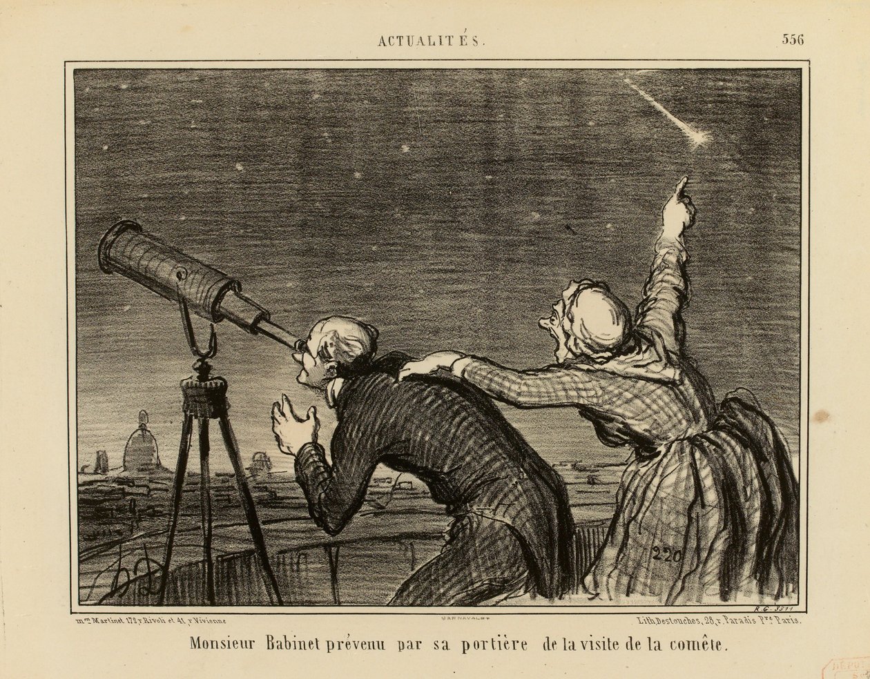 Actualités n.º 556: Monsieur Babinet informado por su portera de la visita del cometa de Honoré Daumier