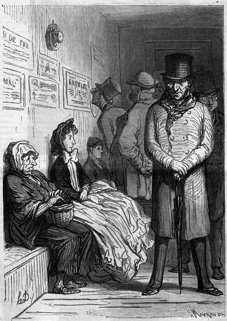 Un escritorio de espera de ómnibus. Caricatura de Honore Daumier. Grabado en Le Monde Illustré n°257 del 15 de marzo de 1862 de Honoré Daumier