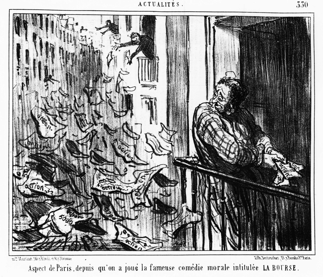 Apariencia de París, desde la famosa comedia moral titulada LA Bourse: serie tomada de “” Actualites”, una serie de caricaturas sobre la bolsa de valores de Honoré Daumier (1808-1879). “Charivari” de Honoré Daumier