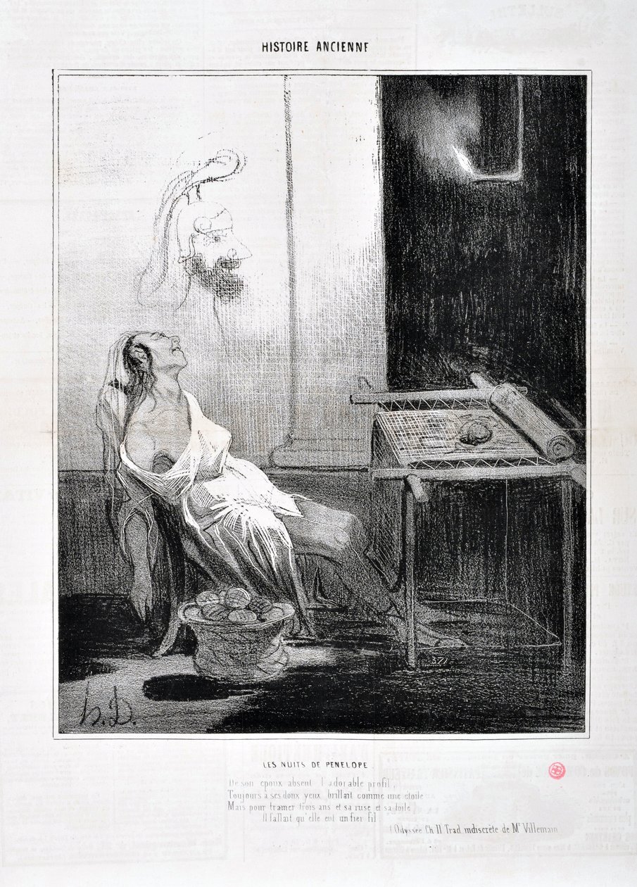 Obra de Honoré Daumier (1808-1879) Charivari data de 1842: Serie HISTORIE ANCIE Les Nuits de Penelope De su esposo ausente el adorable perfil, Siempre a sus dulces ojos brillaba como una estrella Pero para tramar tres años y su astucia y su tela Il de Honoré Daumier