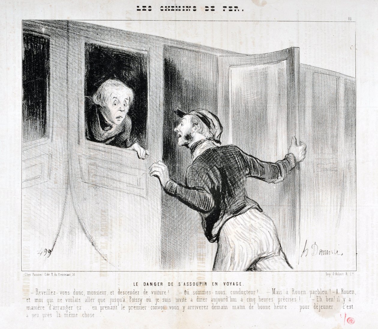 Obra de Honoré Daumier (1808-1879). Charivari data de 1843: Serie LES RAILWAYS El peligro de quedarse dormido en un viaje - ¡Despierta señor y bájate del coche! - ¿A dónde vamos? - ¡Pero a Rouen, parbleu! - ¡En Rouen y yo que solo quería ir a Poiss de Honoré Daumier