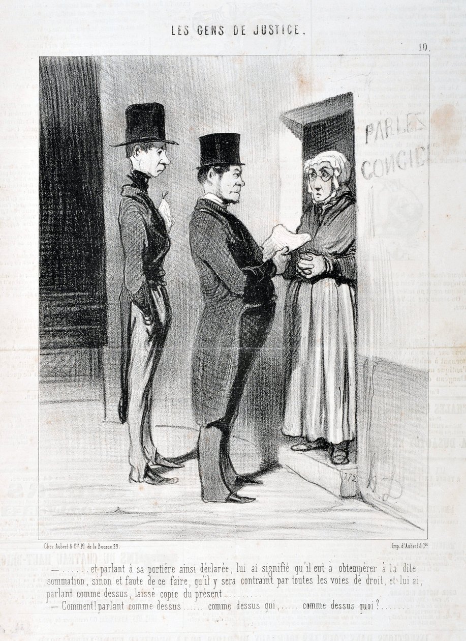 Obra de Honoré Daumier (1808-1879). Charivari data de 1845: Serie LES PEANS DE JUSTICE -... y hablando en su puerta así lo declaró, le hizo saber que tenía que obedecer la dicha citación, de lo contrario y en caso de no hacerlo se verá obligado a de Honoré Daumier