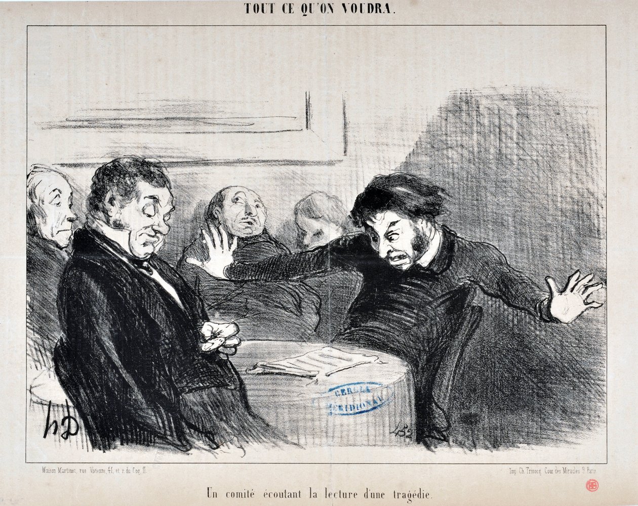 Obra de Honoré Daumier (1808-1879). Charivari data de 1852: Serie TODO LO QUE QUIERAS "-Un comité escuchando la lectura de una tragedia" MUSEO DE BELLAS ARTES - PALACIO LONGCHAMP, MARSELLA de Honoré Daumier