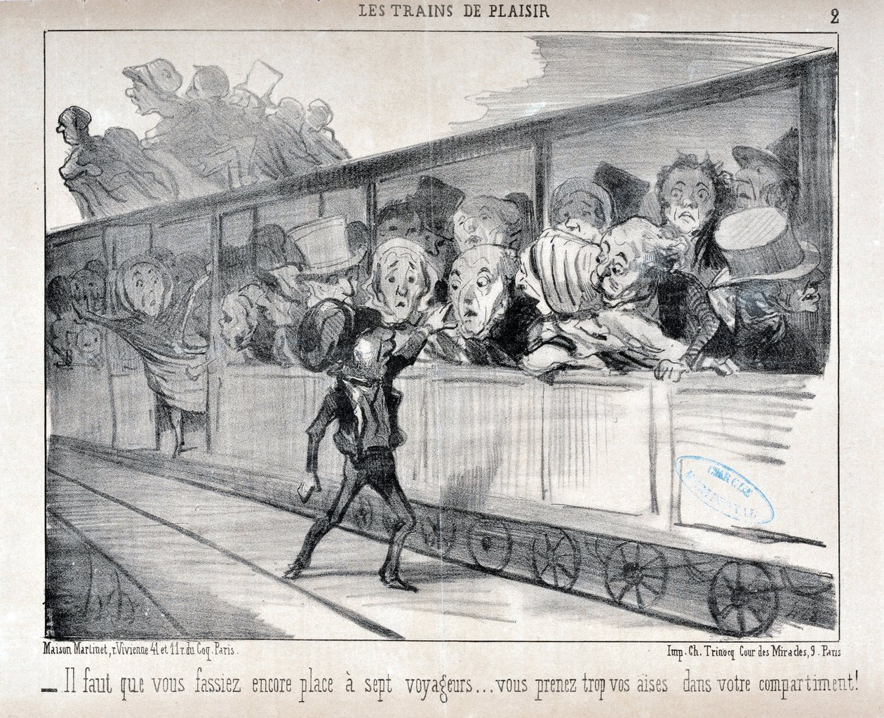 Obra de Honoré Daumier (1808-1879). Charivari data de 1852: Serie LES TRAINS DE PLEASURE - Tienes que hacer espacio para siete pasajeros... ¡estás demasiado cómodo en tu compartimento! MUSEO DE BELLAS ARTES - PALACIO LONGCHAMP, MARSELLA de Honoré Daumier