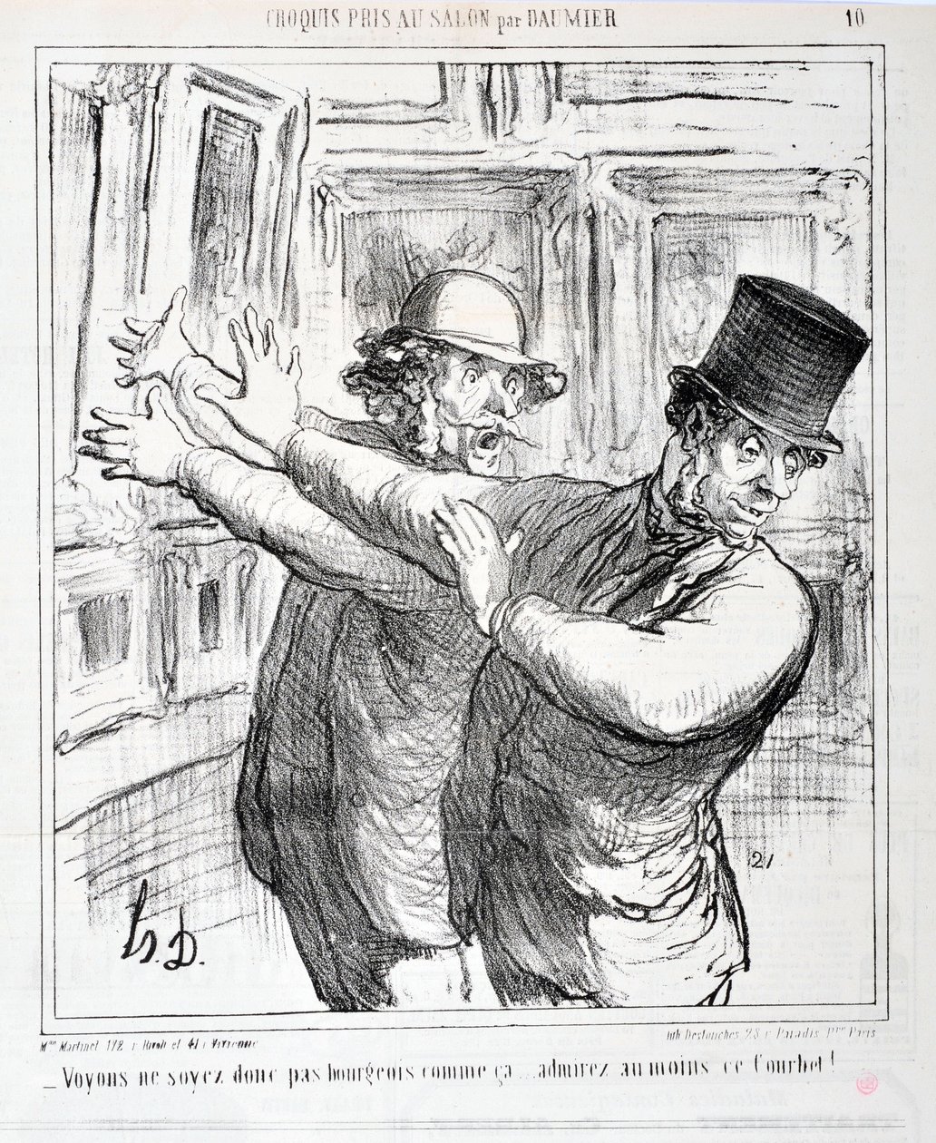 Obra de Honore Daumier. Charivari data de 1865: Serie Bocetos Tomados en el Salón "No seamos burgueses así... ¡admiremos al menos este Courbet!" MUSEO DE BELLAS ARTES - PALACIO LONGCHAMP, MARSELLA de Honoré Daumier