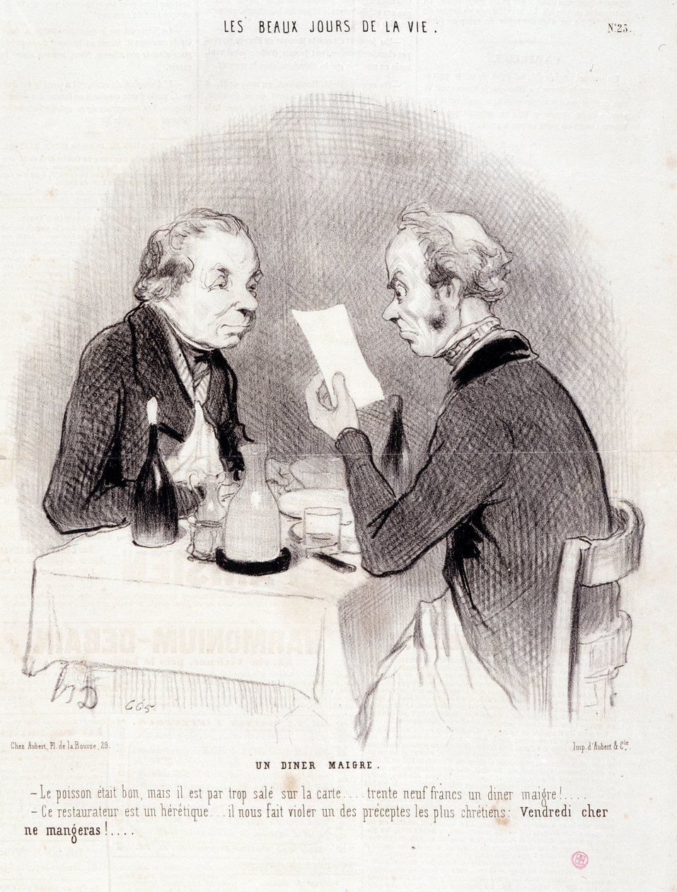 Caricatura sobre la vida cara. Serie "Los Bellos Días de la Vida": Una cena escasa... Grabado de Honoré Daumier (1808-1879). Extracto del periódico "Le Charivari" del 18 de octubre de Honoré Daumier