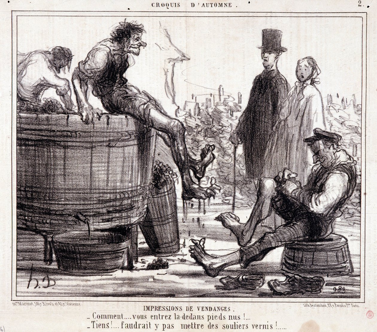 Caricatura sobre cosechadores pisando uvas descalzos, de la serie "Boceto de otoño" de Honoré Daumier