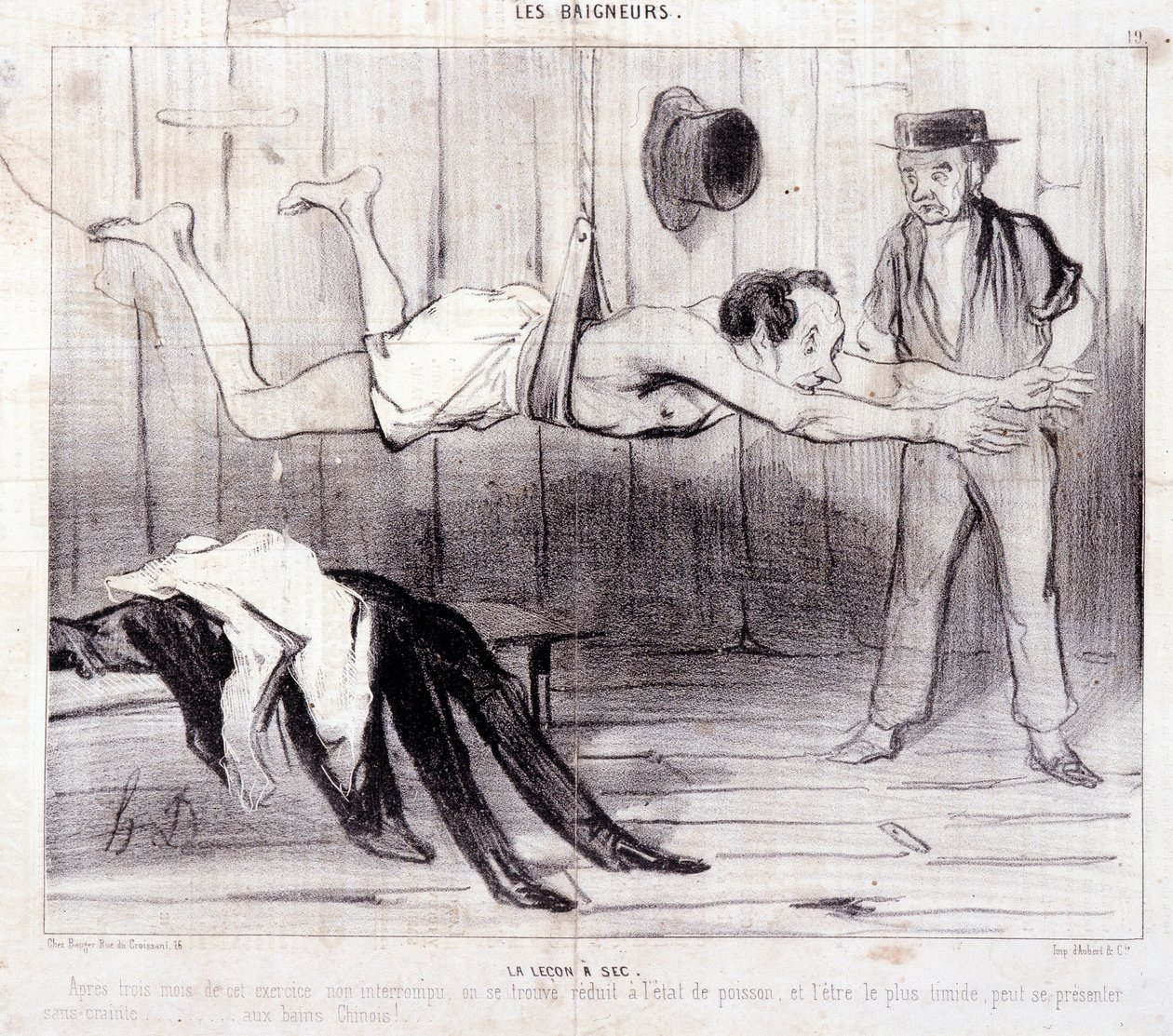 Caricatura sobre turistas de vacaciones. Serie “Les Baigneurs”: La lección a seco. Extracto del periódico “Le Charivari” de Honoré Daumier