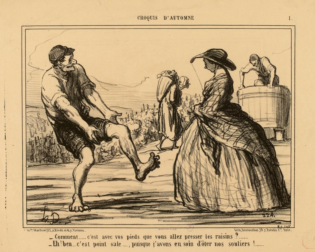 Bocetos de otoño n.º 1: - ¿Cómo... van a prensar las uvas con los pies?... de Honoré Daumier