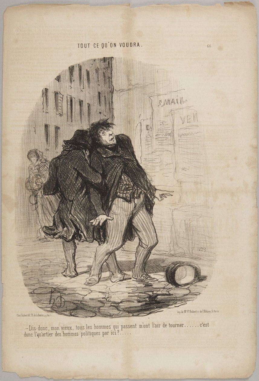 Oye, amigo, todos los hombres que pasan por aquí me dan la impresión de que están un poco locos..., número 66 de la serie «Tout ce qu’on voudra» de Le Charivari de Honoré Daumier