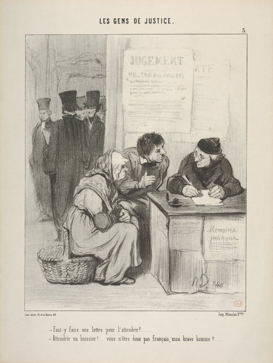 «¿Hay que escribir una carta para ablandarlo?... ¡Ablandar a un alguacil!... ¿Entonces no es usted francés, mi buen hombre?....», lámina 5 de Les Gens de Justice de Honoré Daumier