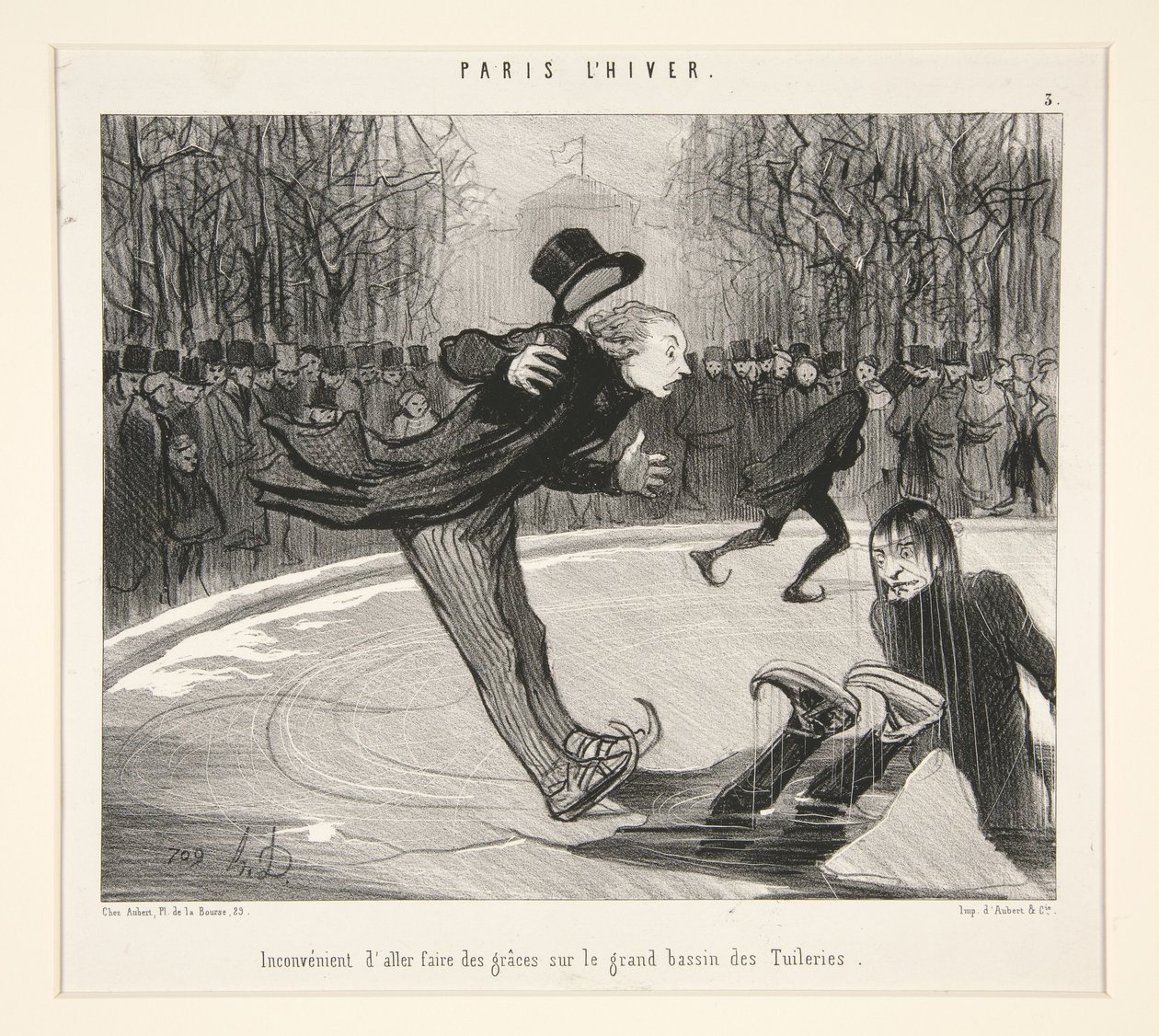 No es muy conveniente ir a hacer piruetas en el gran estanque de las Tullerías, de «París en invierno» de Honoré Daumier