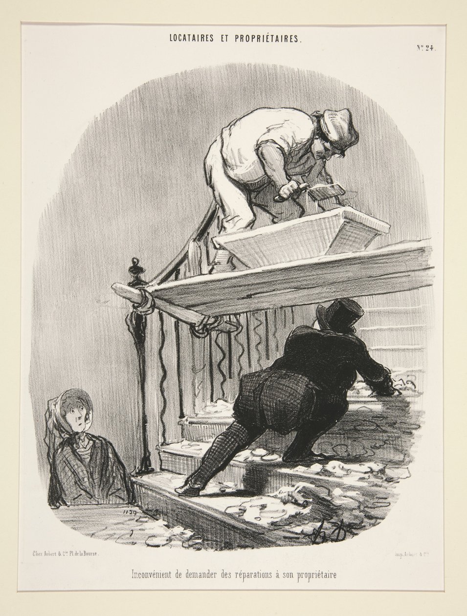 Inconveniente de pedirle al propietario que realice reparaciones. (Inconvenience of asking the landlord to repair the house.), p. 24 de la serie «Inquilinos y propietarios» (Tenants and landlords) de Honoré Daumier