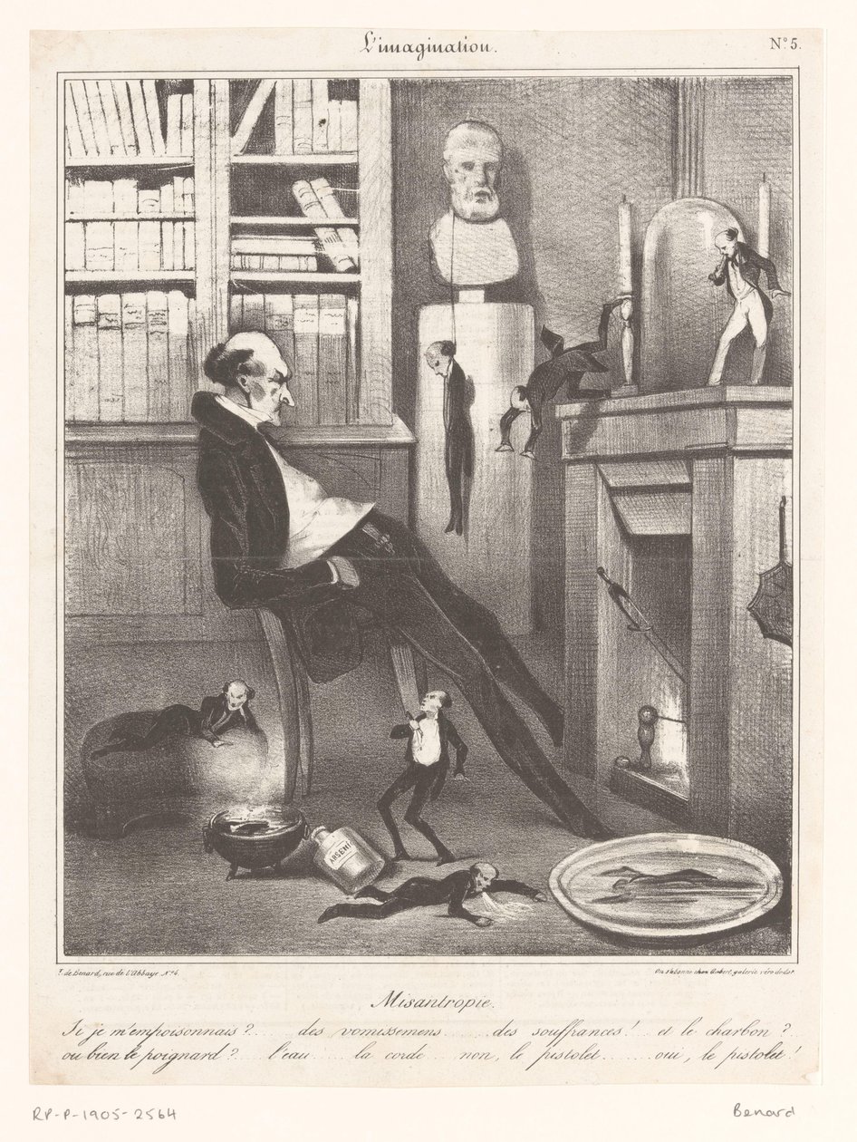 Caricatura de un misántropo que piensa en cómo se va a suicidar de Honoré Daumier