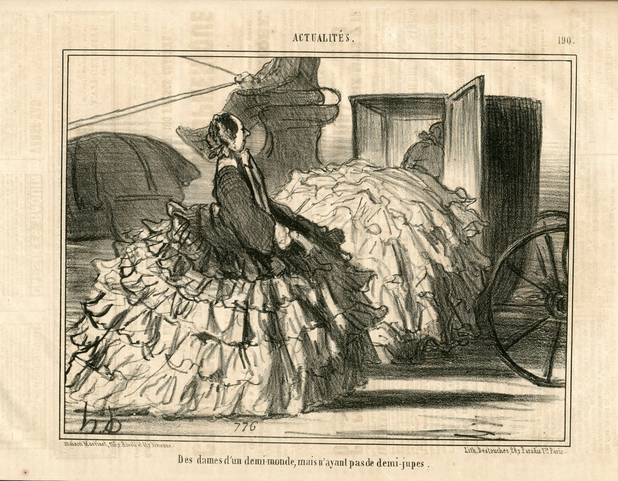 Le Charivari, Satírico en N & B, ca. 1855_5_11: Noticias n* 190. Damas de un medio mundo pero no de faldas. - Moda, Transporte, Crinolinas - Ilustración de Mujeres por Honore Daumier de Honoré Daumier
