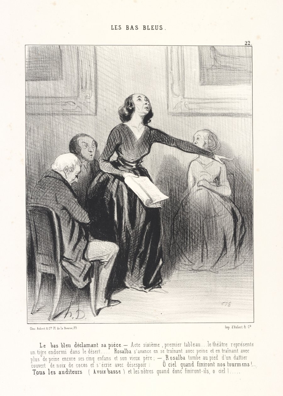 La mujer sabia declamando su obra, lámina 22 de la serie Las mujeres sabias de la revista Le Charivari de Honoré Daumier