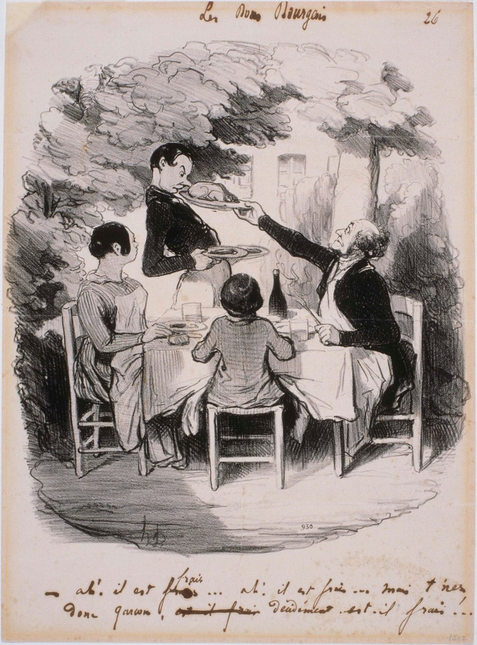 Los buenos burgueses: ¡Ah! Está fresco... Pero sostenga esto, muchacho de Honoré Daumier