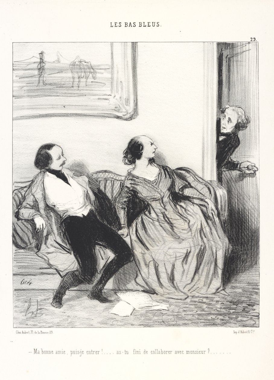 Querida mía, ¿puedo entrar? ... ¿Has terminado de colaborar con el señor?, lámina 29 de la serie Les Bas-Bleus de la revista Le Charivari de Honoré Daumier