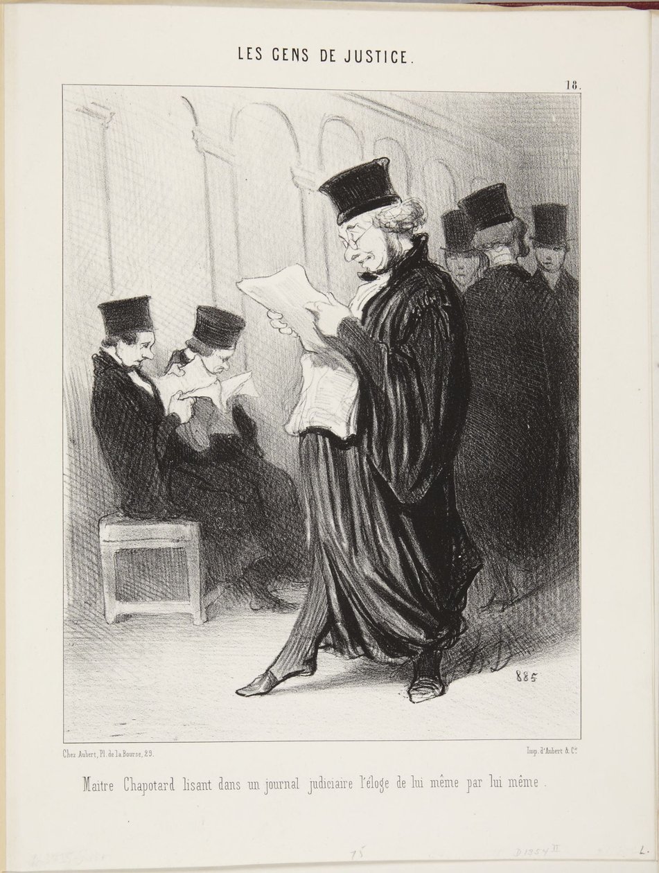 El maestro Chapotard leyendo en un periódico judicial el elogio de sí mismo hecho por sí mismo de Honoré Daumier