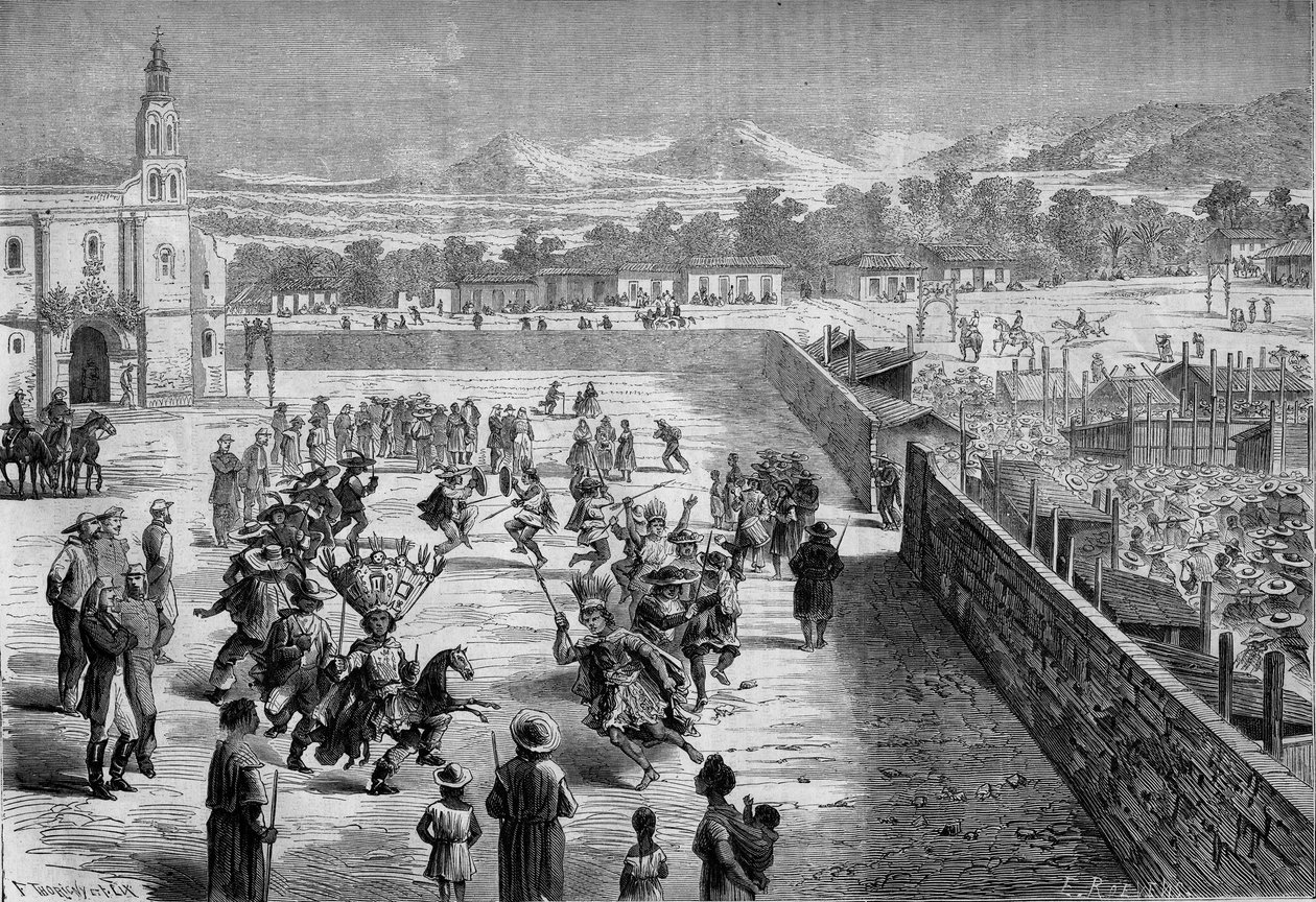 Costumbre mexicana: fiesta y danza india en Santa Anna (México) en memoria de la conquista de Fernando Cortez. Los mexicanos se disfrazaron de conquistadores españoles y soldados del ejército azteca de Moctezuma. 1863. Grabado en "Le Monde Illustré" n°315 de Honoré Daumier