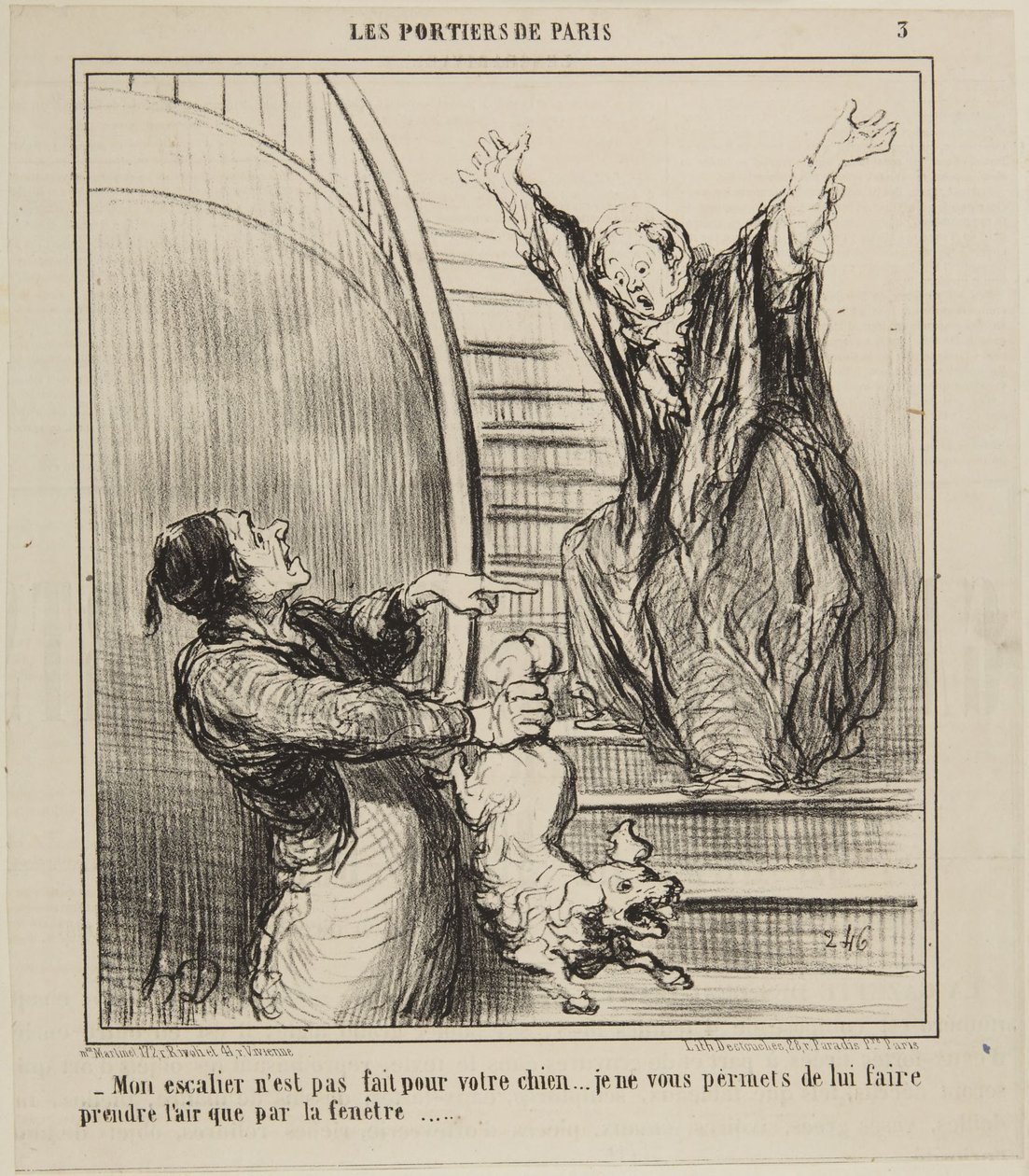 Mi escalera no está hecha para su perro..., número 3 de la serie Los porteros de París de Le Charivari de Honoré Daumier