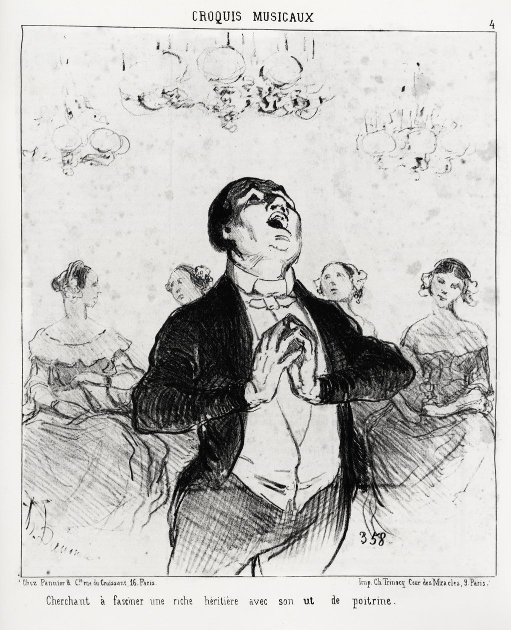 Bocetos musicales: buscando fascinar a una rica heredera con su pecho. Ilustración de Honoré Daumier, publicada en 