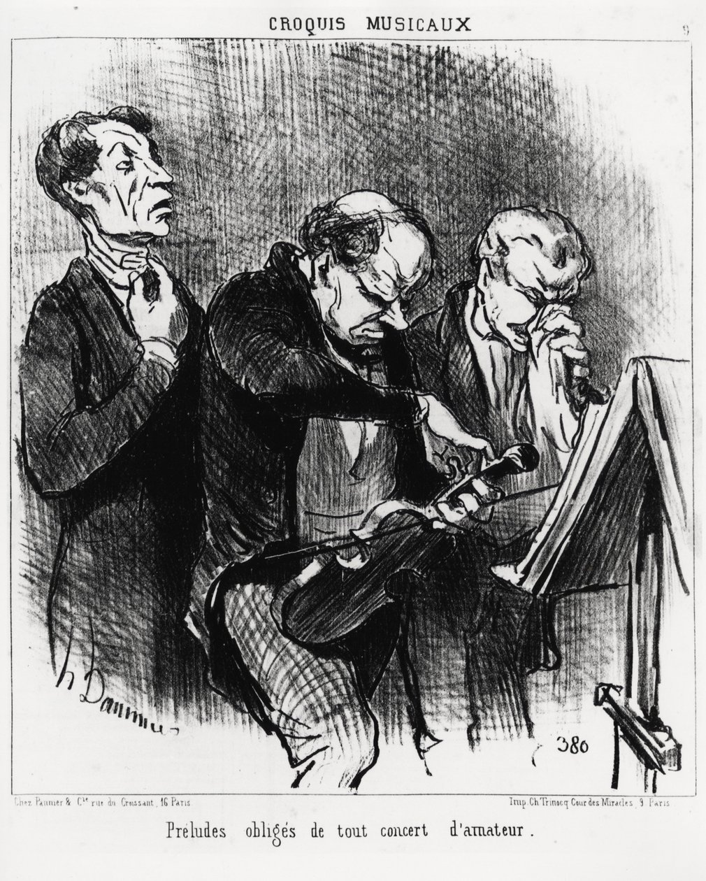 Bocetos musicales: preludios obligatorios de cualquier concierto amateur. Tres músicos se esfuerzan por iluminar sus voces, afinar un violín y sonarse la nariz con ostentación. Ilustración de Honoré Daumier, publicada en 