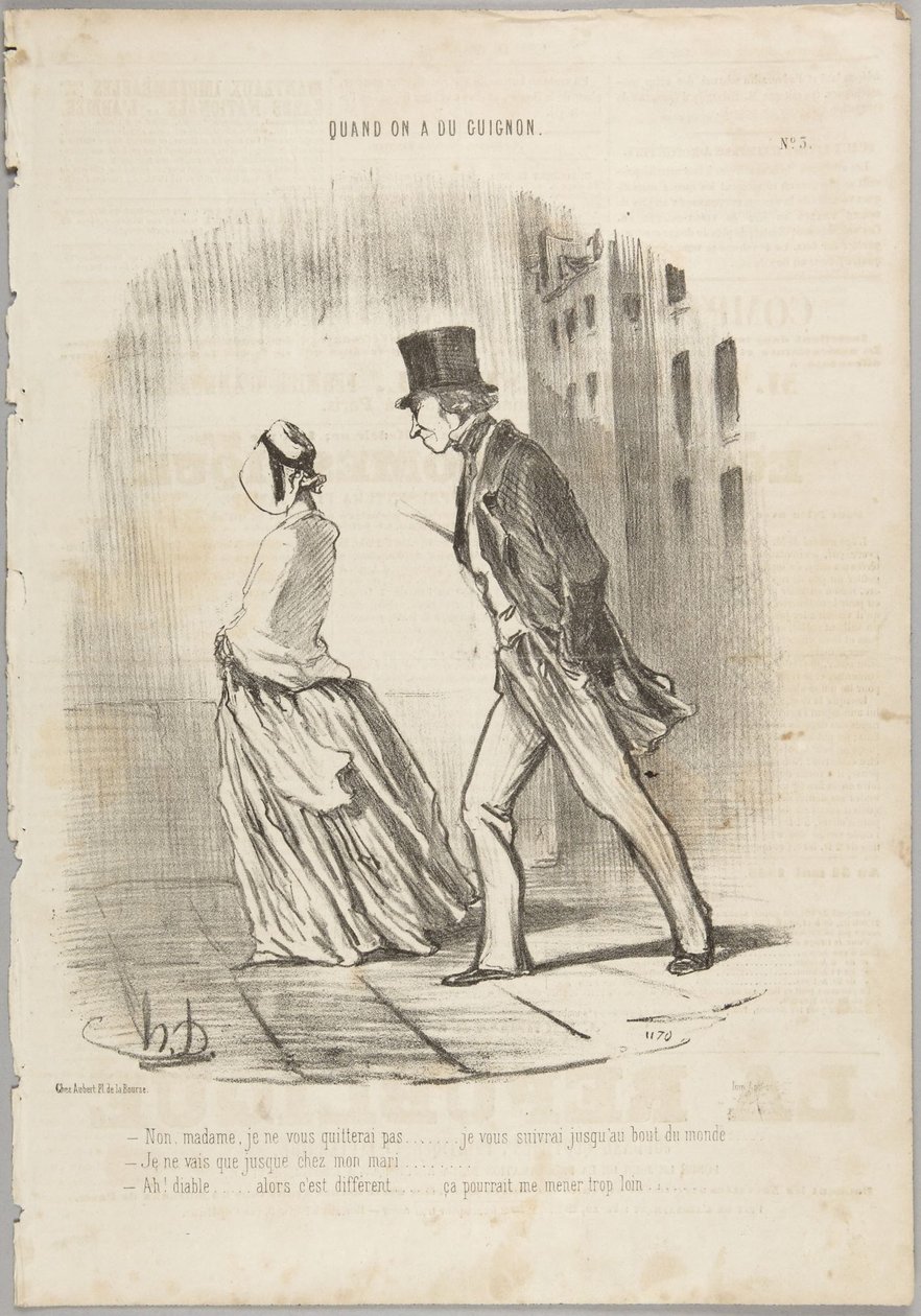 No, señora, no le dejaré..., número 3 de la serie «Quand on a du Guignon» de Le Charivari de Honoré Daumier